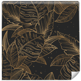 spójny wzór wektorowy ze złotymi modnymi egzotycznymi liśćmi palmy i monstery izolowanymi na czarnym tle. Elegancki wzór do druku, tkanina, tapeta, karta, zaproszenie