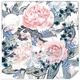 Białe i różowe malowane peonie z niebiesko szarymi liśćmi - akwarela vintage