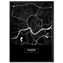 Mapa Krakowa czarno-biała z podpisem na czarnym tle