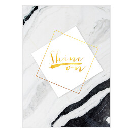 "Shine on" - złota typografia na białym kwadracie z szarym marmurem