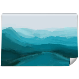 Malowany górski krajobraz we mgle w odcieniach koloru niebieskiego