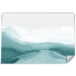 Malowany górski krajobraz we mgle w odcieniach błękitu