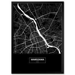 Mapa Warszawy czarno-biała z podpisem na czarnym tle