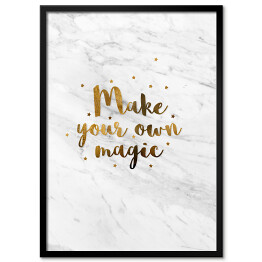"Make your own magic" - złota typografia z gwiazdkami na jasnym marmurze