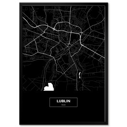 Mapa Lublina czarno-biała z podpisem na czarnym tle
