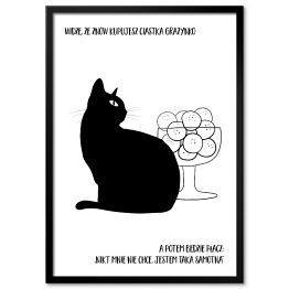 Czarny kot z napisem "Grażynko, widzę, że znów kupujesz ciastka" - ilustracja