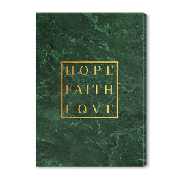 "Hope. Faith. Love." - złota typografia na ścianie w kolorze butelkowej zieleni