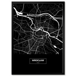 Mapa Wrocławia czarno-biała z podpisem na czarnym tle