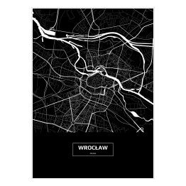 Mapa Wrocławia czarno-biała z podpisem na czarnym tle