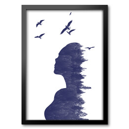 Podwójna ekspozycja - kobieta z lasem i ptakami