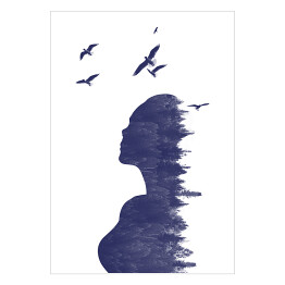 Podwójna ekspozycja - kobieta z lasem i ptakami