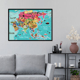 Plakat w ramie Mapa Azji z symbolami