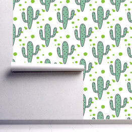 Tapeta winylowa zmywalna w rolce Kaktusy w szare kropki na białym tle w zielone kropki