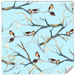Ptaki siedzące na gałęziach drzew na błekitnym tle