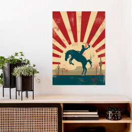 Plakat Kowboj na koniu na tle w stylu vintage