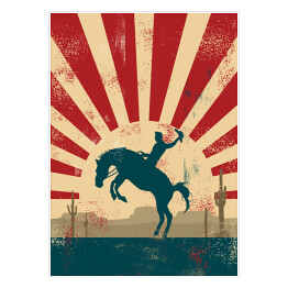 Plakat samoprzylepny Kowboj na koniu na tle w stylu vintage