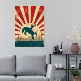 Plakat Kowboj na koniu na tle w stylu vintage