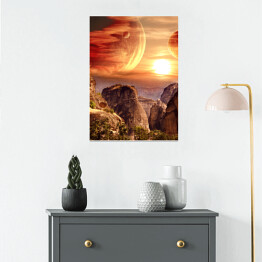 Plakat Fantastyczny krajobraz z planetami, górami i zachodem słońca