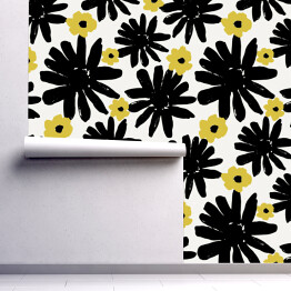 Tapeta w rolce Czarno żółte abstrakcyjne kwiaty malowane pędzlem