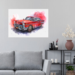 Plakat Stary czerwony samochód - akwarela