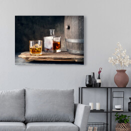 Obraz na płótnie Szklanka whisky z karafką lodową i beczką