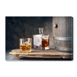 Obraz na płótnie Szklanka whisky z karafką lodową i beczką