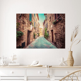 Plakat samoprzylepny Wąska ulica w starym włoskim miasteczku Pienza, Toskania, Włochy