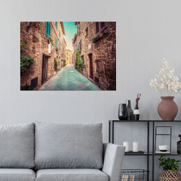 Plakat Wąska ulica w starym włoskim miasteczku Pienza, Toskania, Włochy