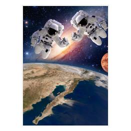Plakat Dwóch astronautów na tle Ziemii i Księżyca