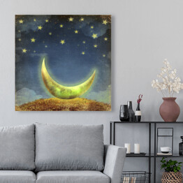 Obraz na płótnie Księżyc i gwiazdy na niebie nocą - akwarela