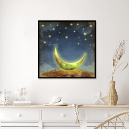 Plakat w ramie Księżyc i gwiazdy na niebie nocą - akwarela