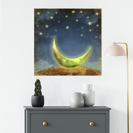 Plakat samoprzylepny Księżyc i gwiazdy na niebie nocą - akwarela
