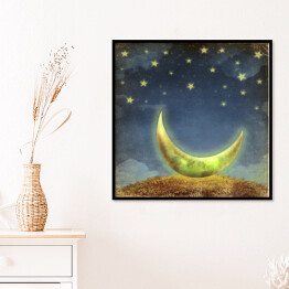 Plakat w ramie Księżyc i gwiazdy na niebie nocą - akwarela