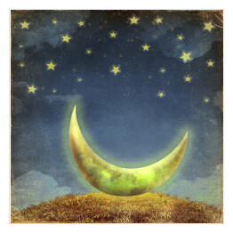 Plakat samoprzylepny Księżyc i gwiazdy na niebie nocą - akwarela