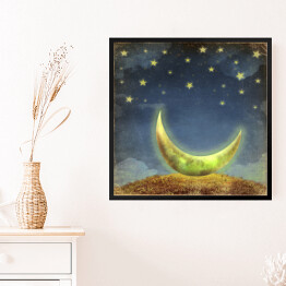 Obraz w ramie Księżyc i gwiazdy na niebie nocą - akwarela