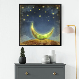 Obraz w ramie Księżyc i gwiazdy na niebie nocą - akwarela