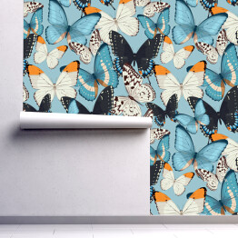 Tapeta samoprzylepna w rolce Motyle w kolorach niebieskim, czarnym, białym i pomarańczowym
