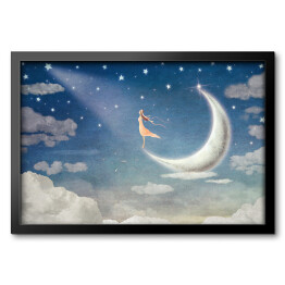 Obraz w ramie Dziewczyna na księżycu nocą