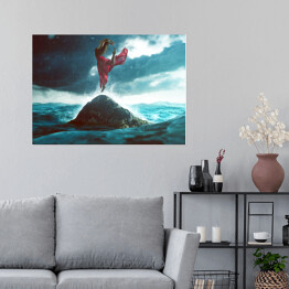 Kobieta tancząca na skale w morzu
