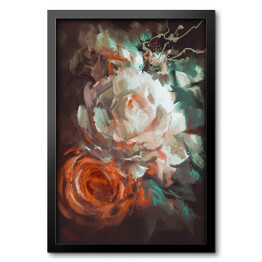 Obraz w ramie Bukiet kwitnących róż na ciemnym tle