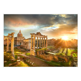 Plakat samoprzylepny Ruiny Romańskiego Forum w Rzymie podczas wschodu słońca