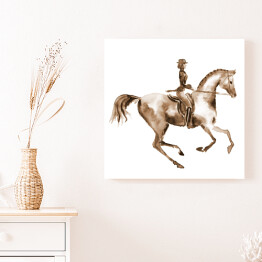 Akwarela - jeździec i ujeżdżanie konia na białym tle