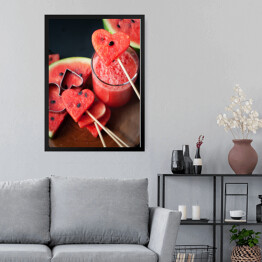Obraz w ramie Plastry świeżego arbuza w kształcie serca i koktajl z arbuza