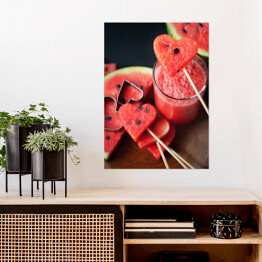 Plakat samoprzylepny Plastry świeżego arbuza w kształcie serca i koktajl z arbuza