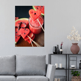 Plakat samoprzylepny Plastry świeżego arbuza w kształcie serca i koktajl z arbuza