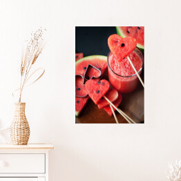 Plakat Plastry świeżego arbuza w kształcie serca i koktajl z arbuza