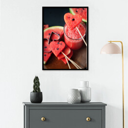 Plakat w ramie Plastry świeżego arbuza w kształcie serca i koktajl z arbuza