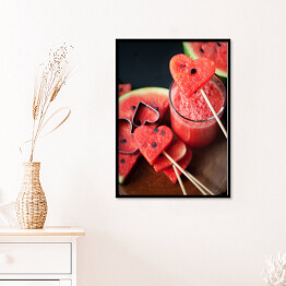 Plakat w ramie Plastry świeżego arbuza w kształcie serca i koktajl z arbuza