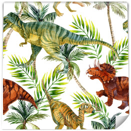 Tapeta winylowa zmywalna w rolce Dinozaury na tle liści palmy