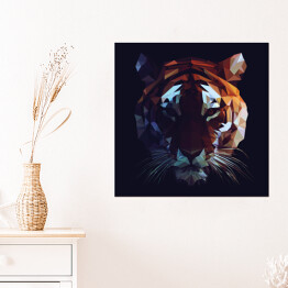 Plakat samoprzylepny Wielokąt - kolorowa głowa tygrysa na ciemnym tle